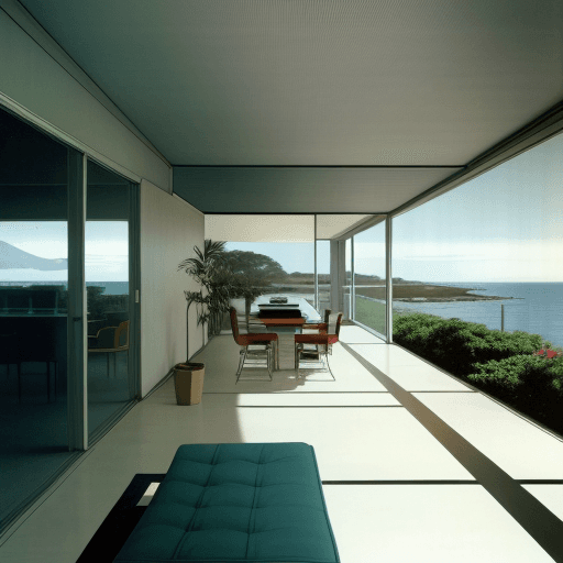 AI generated: Hyper realistic eye level exterior photo of a mid century modern style house overlooking the ocean, ...