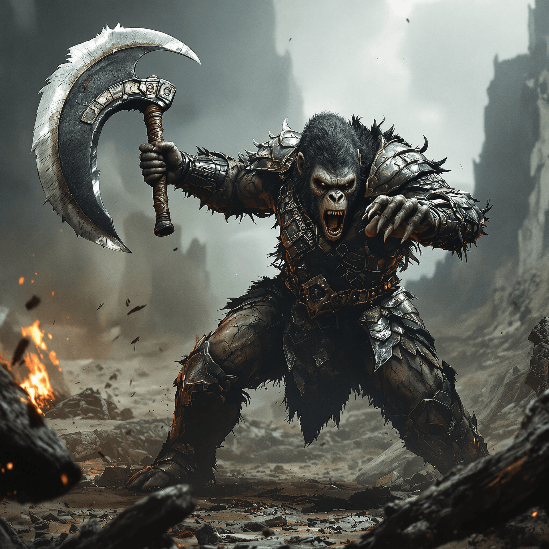 AI generated: Hyper-realistic matte painting set in the Planet of the Apes universe, low angle: A menacing, wounde...
