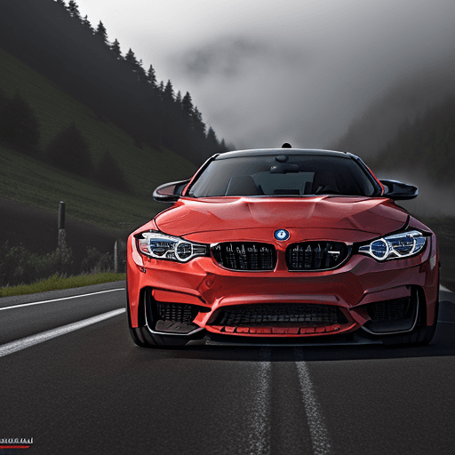 AI generated: High resolution, 2016 bmw m3, candy red paint,custom,mountain road, foggy

