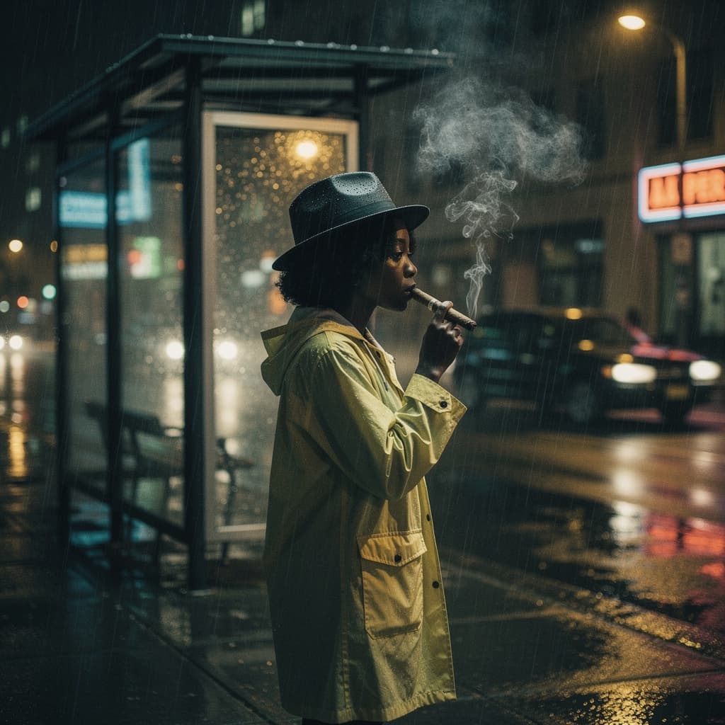 AI generated: African girl, raincoat, black hair, rain, night city, bus stop, smoking a cigar, cigarette smoke, wa...