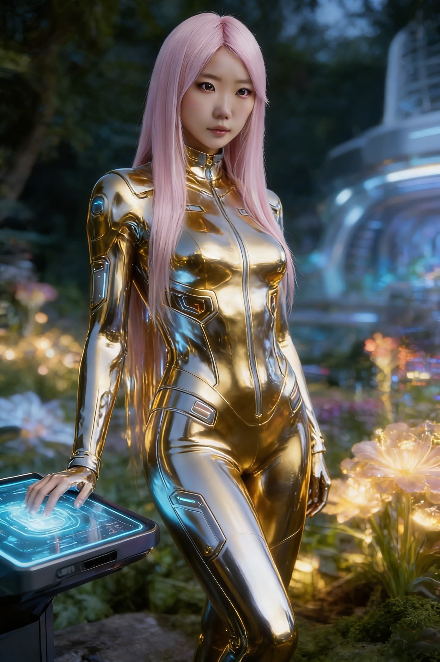 AI generated: Create from the reference image, a solid golden-silver being, powerful, loving. From flesh to sleek ...