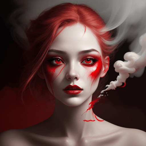 AI generated: portrait of a woman covered in cloud of smoke, whirlwind, red highlight colors, red make-up, hints o...