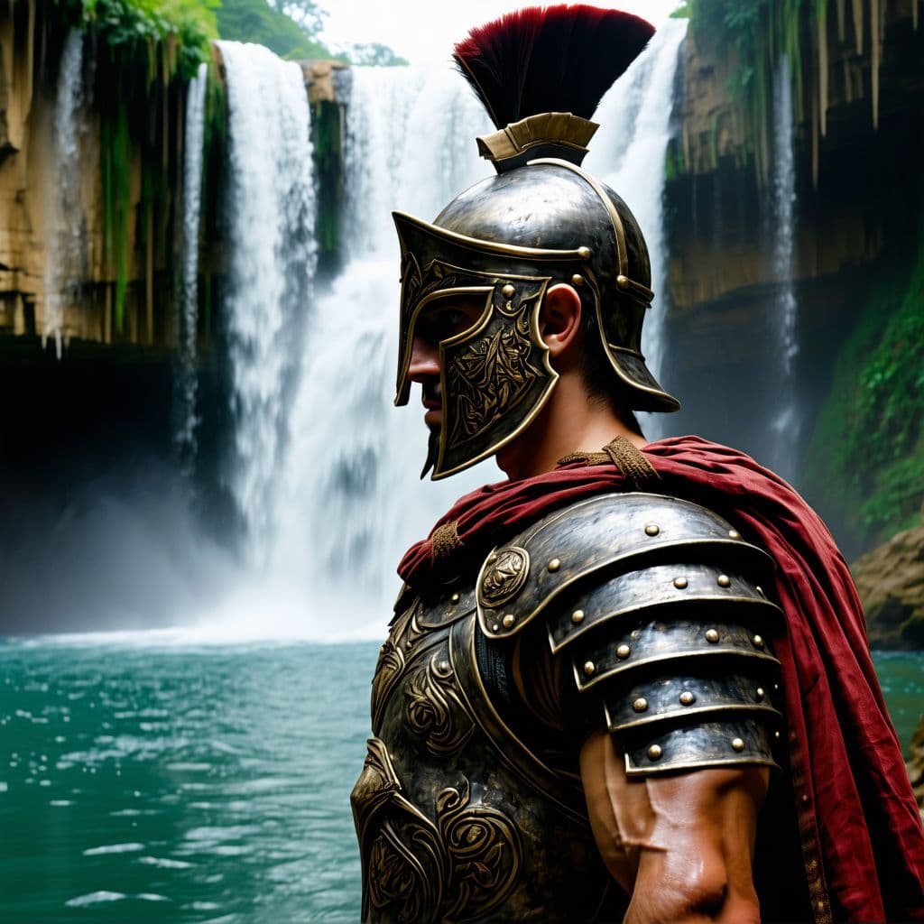 AI generated: Roman knight in Spartan armor close-up, in the Amazon River Gorge, against a waterfall, 8k ultra rea...