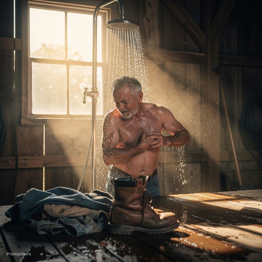 AI generated: photo realistic75 year old sweaty fat naked old man. uncircumcised gray hair. showers in old barn sh...