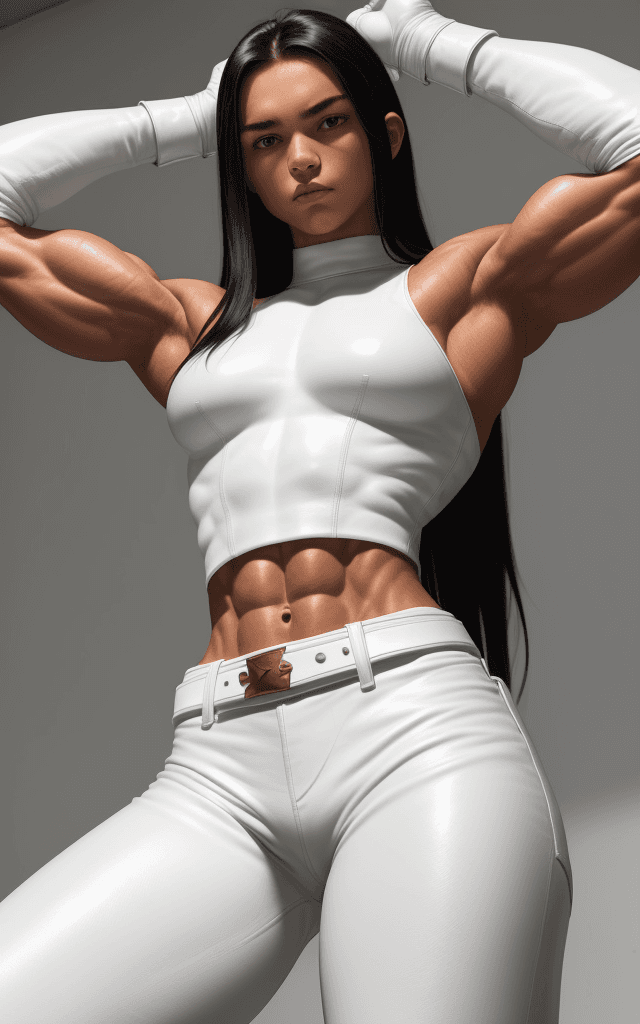 AI generated: 15 year old strong muscular woman, six pack,  toned biceps, long black hair, wears white Leather pan...
