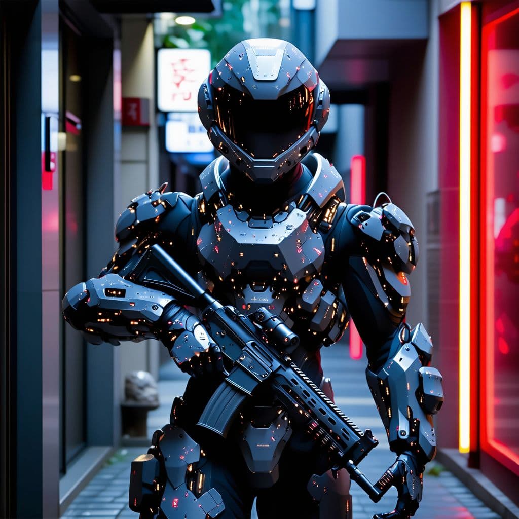 AI generated: Futuristic soldier with advanced Urban mimetic armor, weaponry, and helmet, neon red, street, overca...