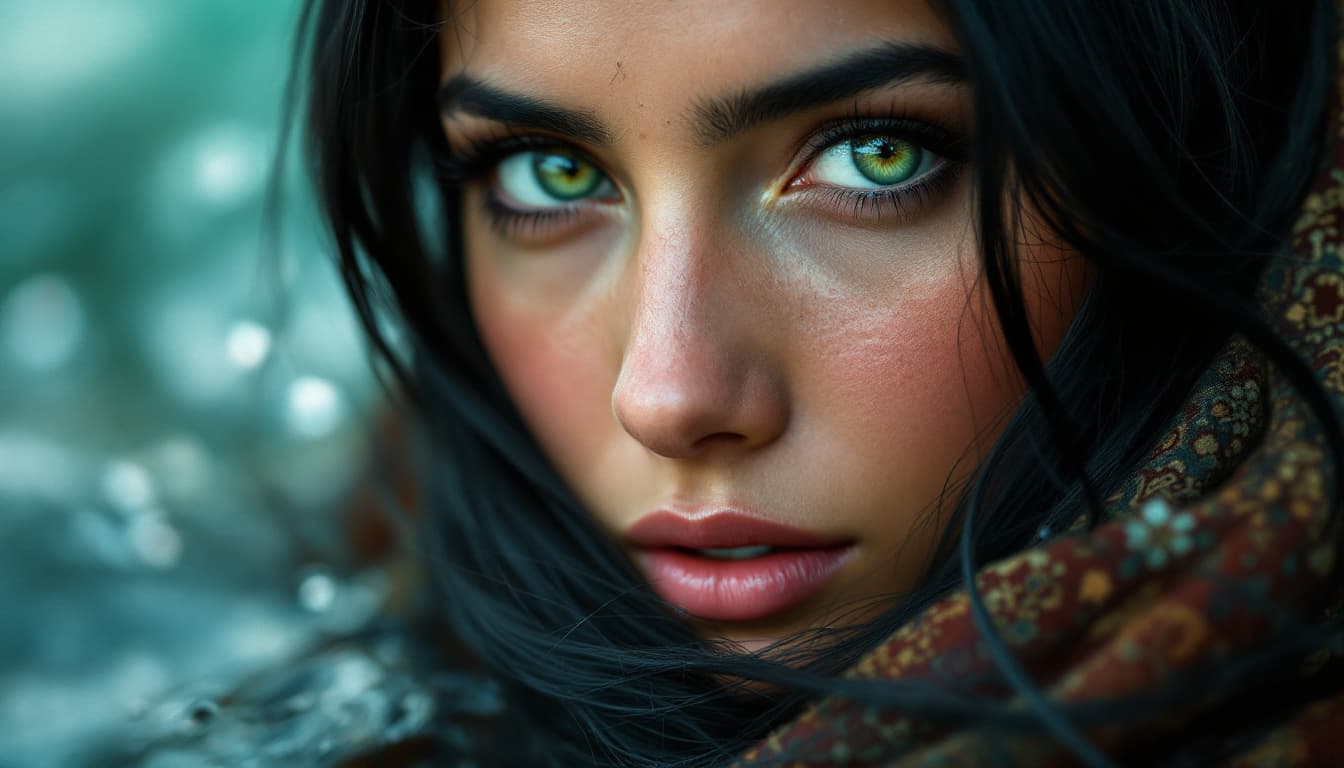 AI generated: In a sea, A close-up color portrait of an Afghan woman with green eyes, long black hair, the woman's...