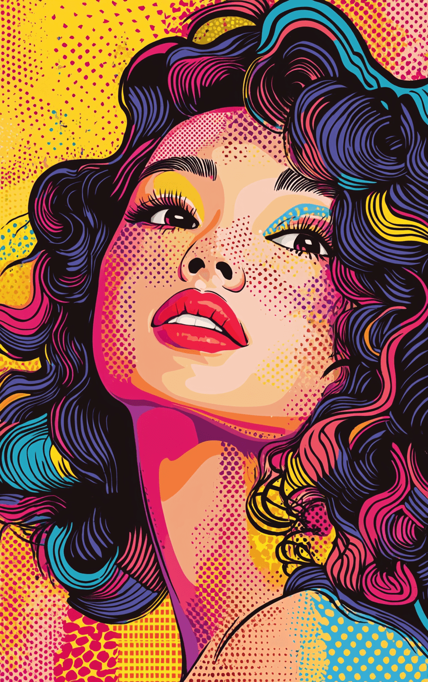 AI generated: A vibrant portrait of a woman with curly hair, in the style of pop art, bold and vivid colors, graph...