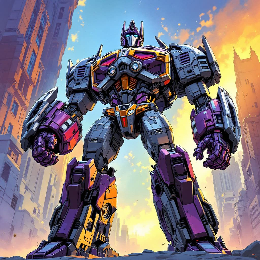 AI generated: Megatron from transfrormers standing arms by sides. comic book style 