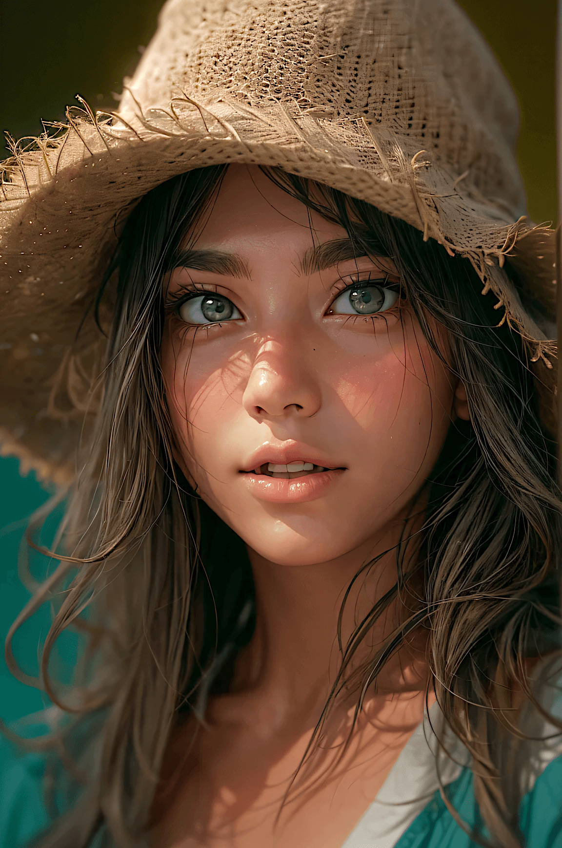 AI generated: Medium close-up photo of a beautiful peruvian girl, adorable face, long brown hair (wearing a farmer...