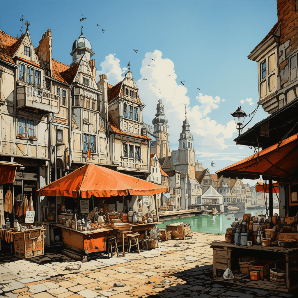 AI generated: a scene illustrated by Herge in Norwich City outdoor market in the 1960s with some seagulls in the b...