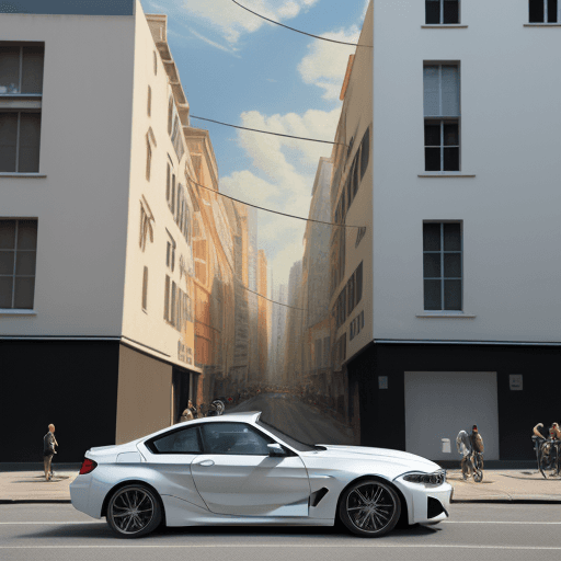 AI generated: (1man:1.5) in white FEDORA hat standing besides a BMW car parked on the street in front of a wall pa...