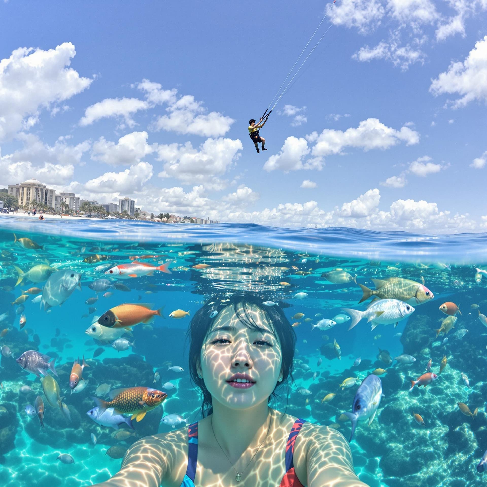 AI generated: Korean Frau,

• Unterwasserwelt mit Korallen und Kitesurfer: Eine Ansicht, die sowohl die Unterwasse...