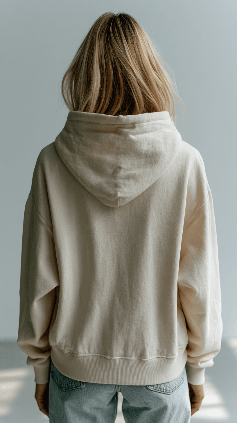 AI generated: photography, contemporary fashion lookbook, mid-shot, behind of a female model, wearing an ivory hoo...