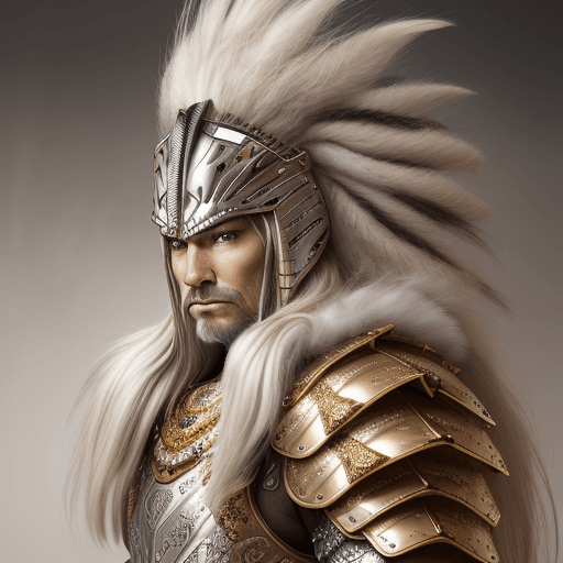 AI generated: anthropomorphic old Plains zebra warrier (long haired, wind, epic fur, gold and diamond armour). Bar...