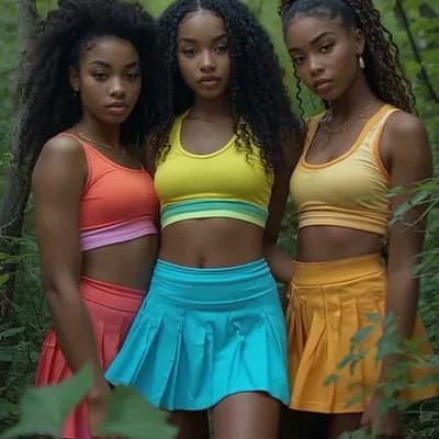 AI generated video: As three women spin around in a 360 degree circle both their clothes and the scenery magically chang...