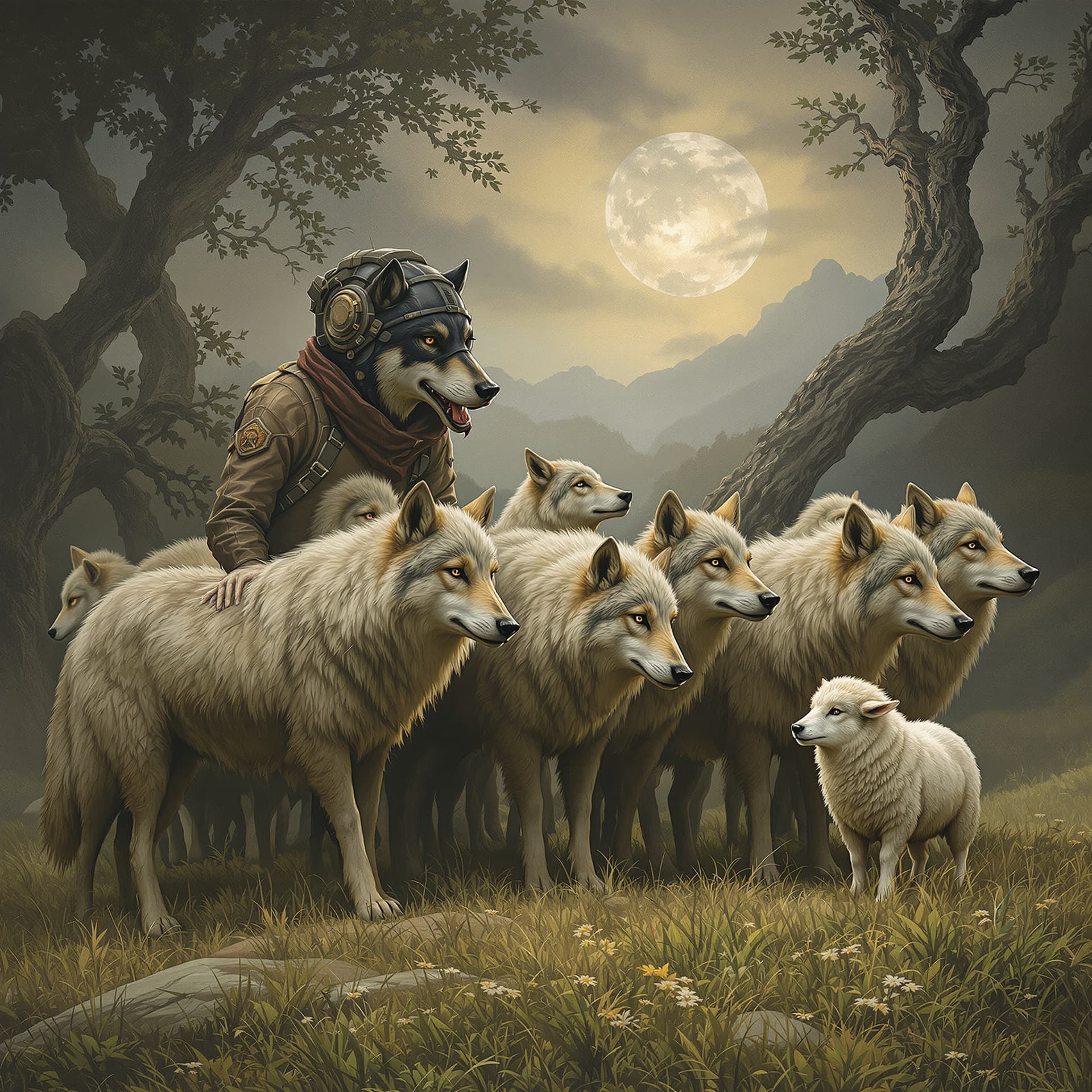 AI generated: a flock of wolves guarded by a sheep