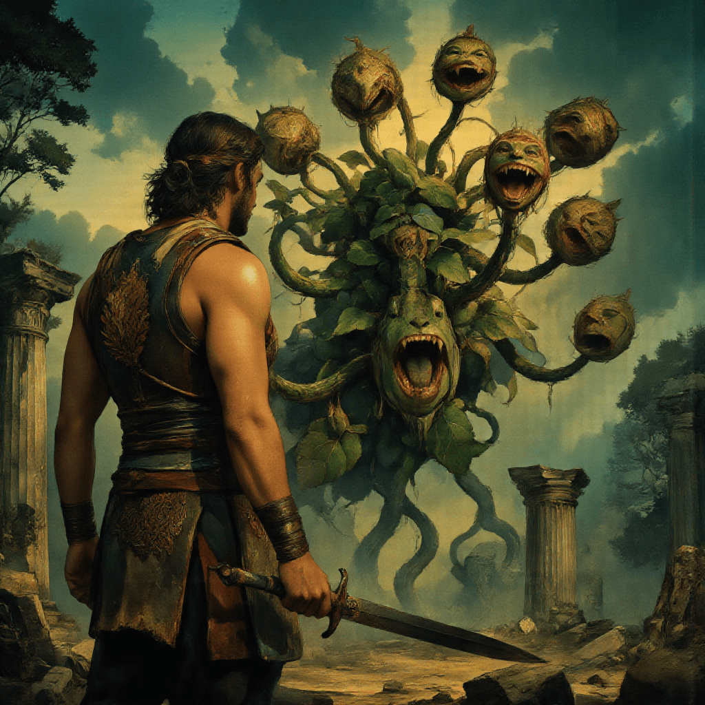 AI generated: Epic battle scene::1.6  
Back-view of a warrior in stylized 1960s Jason and the Argonauts Greek arm...
