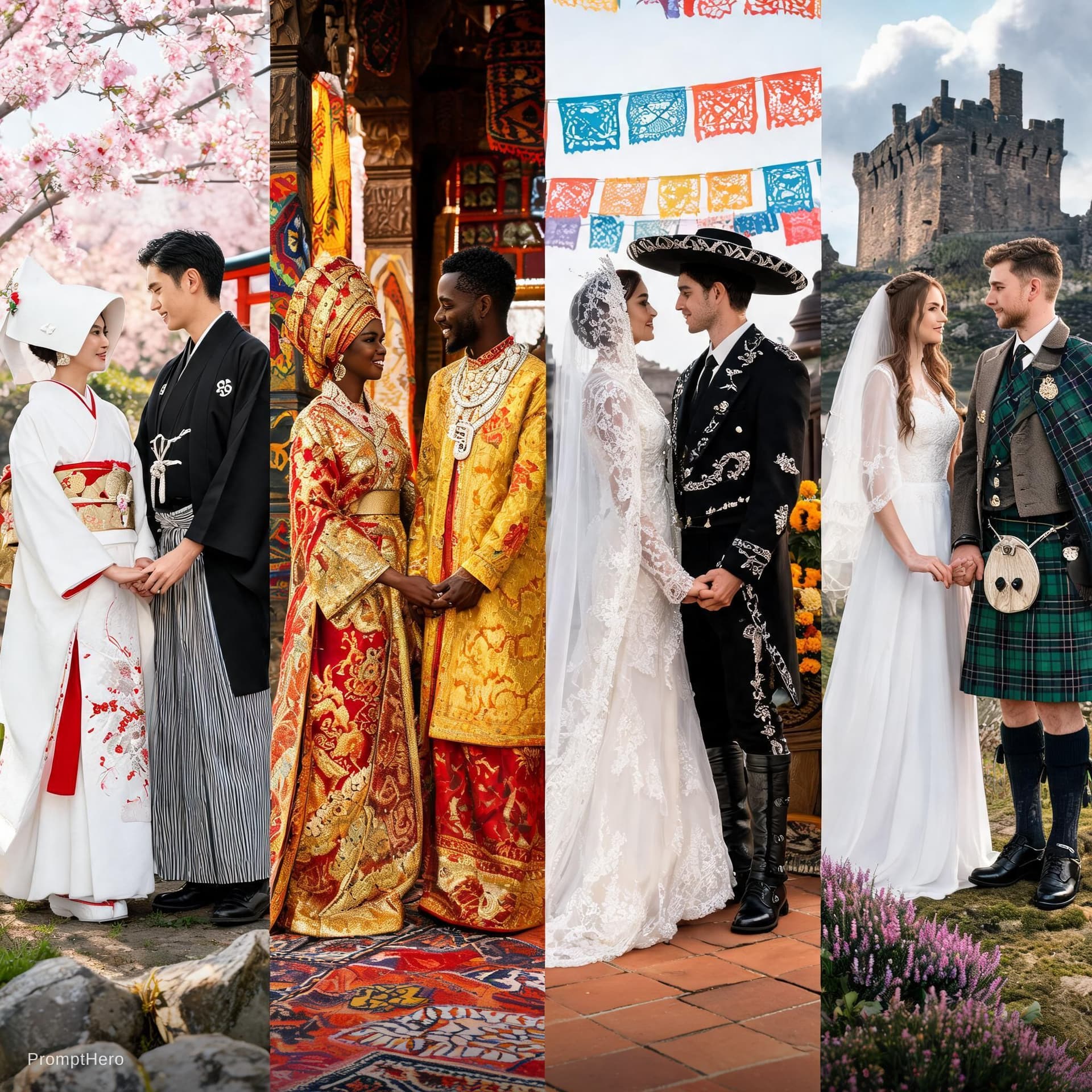 AI generated: highly detailed hyper-realistic full body length image of wedding couples in different countries
