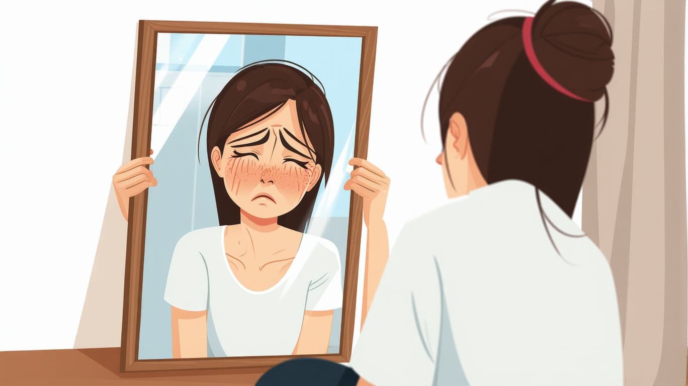 AI generated: A woman looks at herself in the mirror. She is tired, exhausted, with dark circles under her eyes. C...