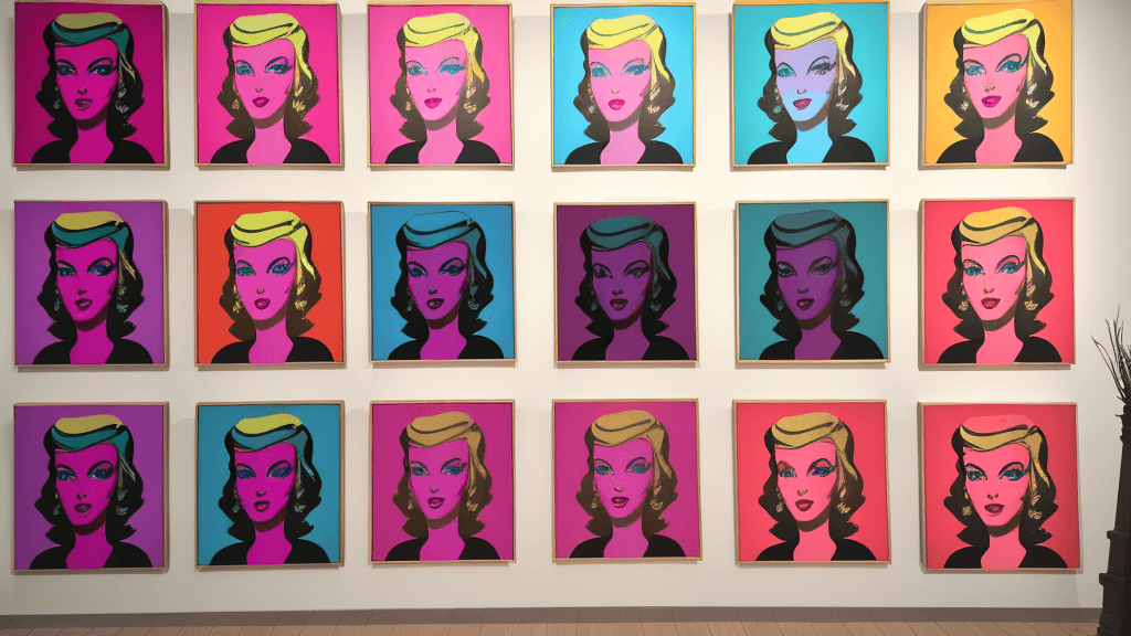 AI generated: A gallery wall with andy warhol paintings, barbie pop art