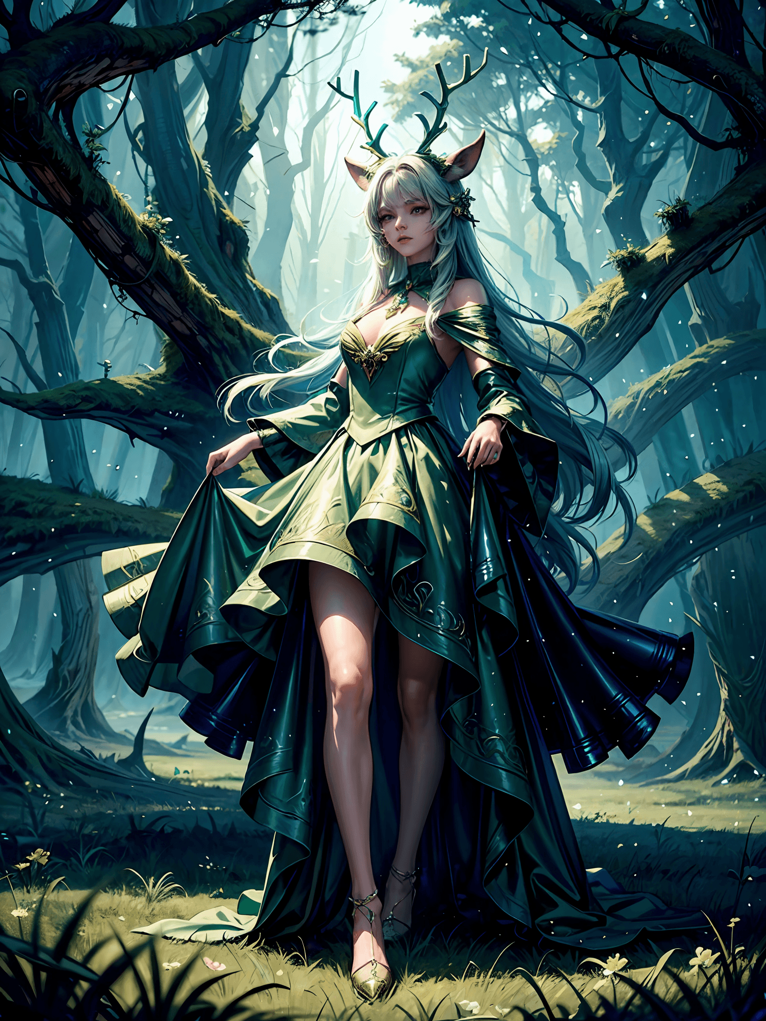 AI generated: a deer girl that is standing in the grass, full gown, SFW, behance contest winner, fantasy art, magi...
