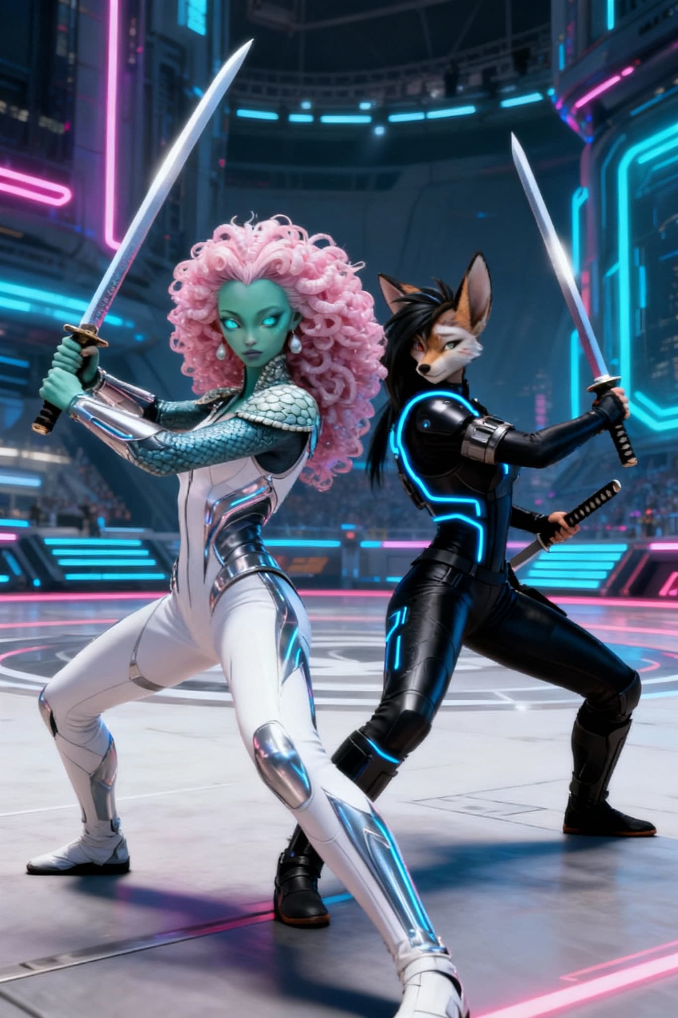 AI generated: By Right of Combat. Two females back-to-back in a pose for the upcoming battle. They do battle for t...