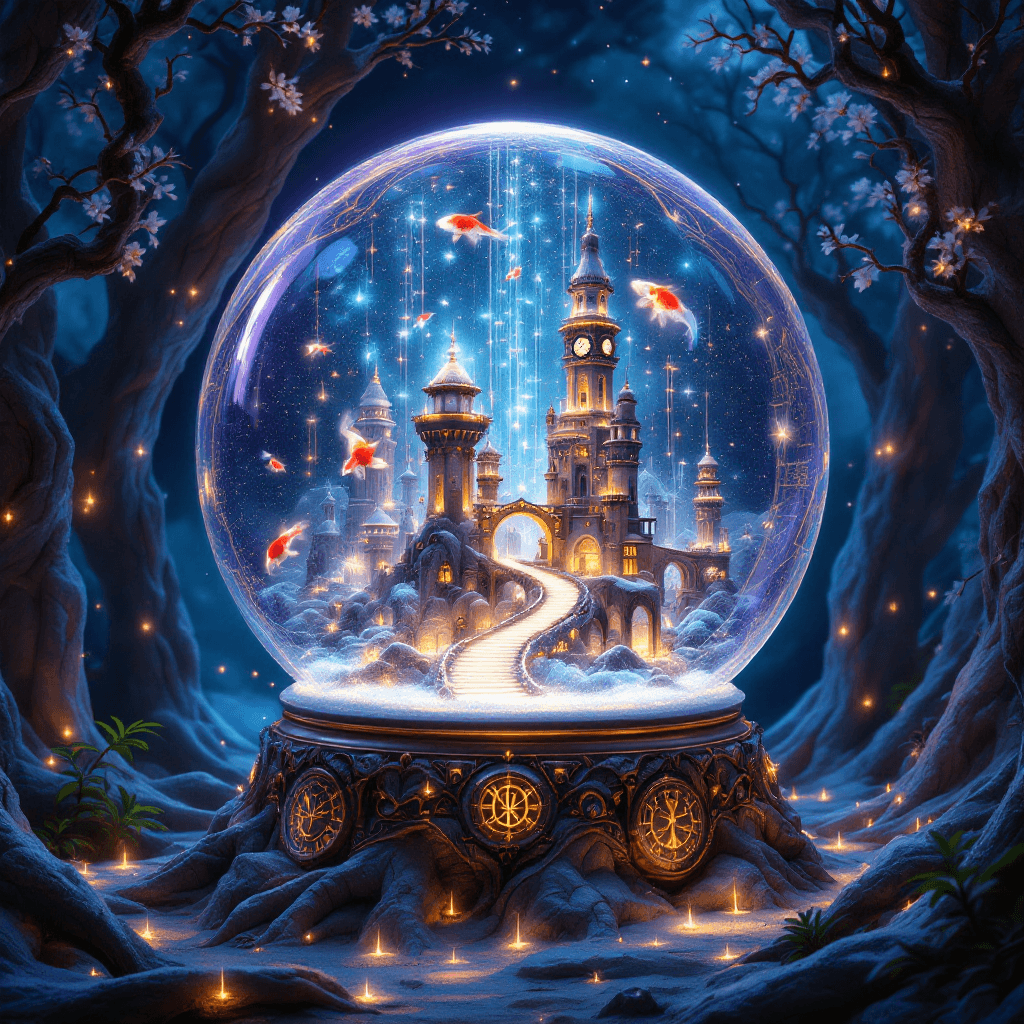 AI generated: A giant, intricately designed snow globe rests atop a runic-etched pedestal, carved from the ancient...