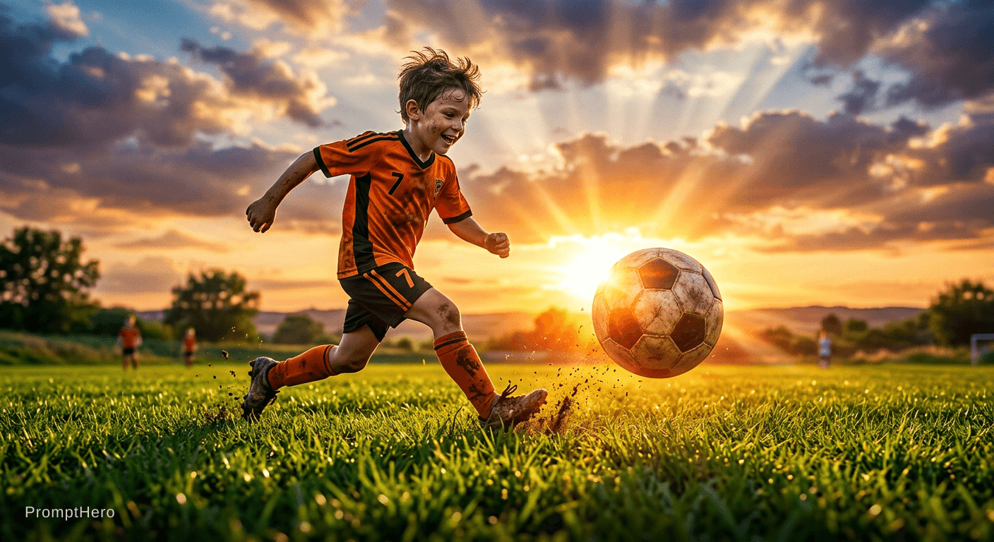 AI generated: I wanna create messy looking to sun like football.he eager to play with him . cinematic background,s...