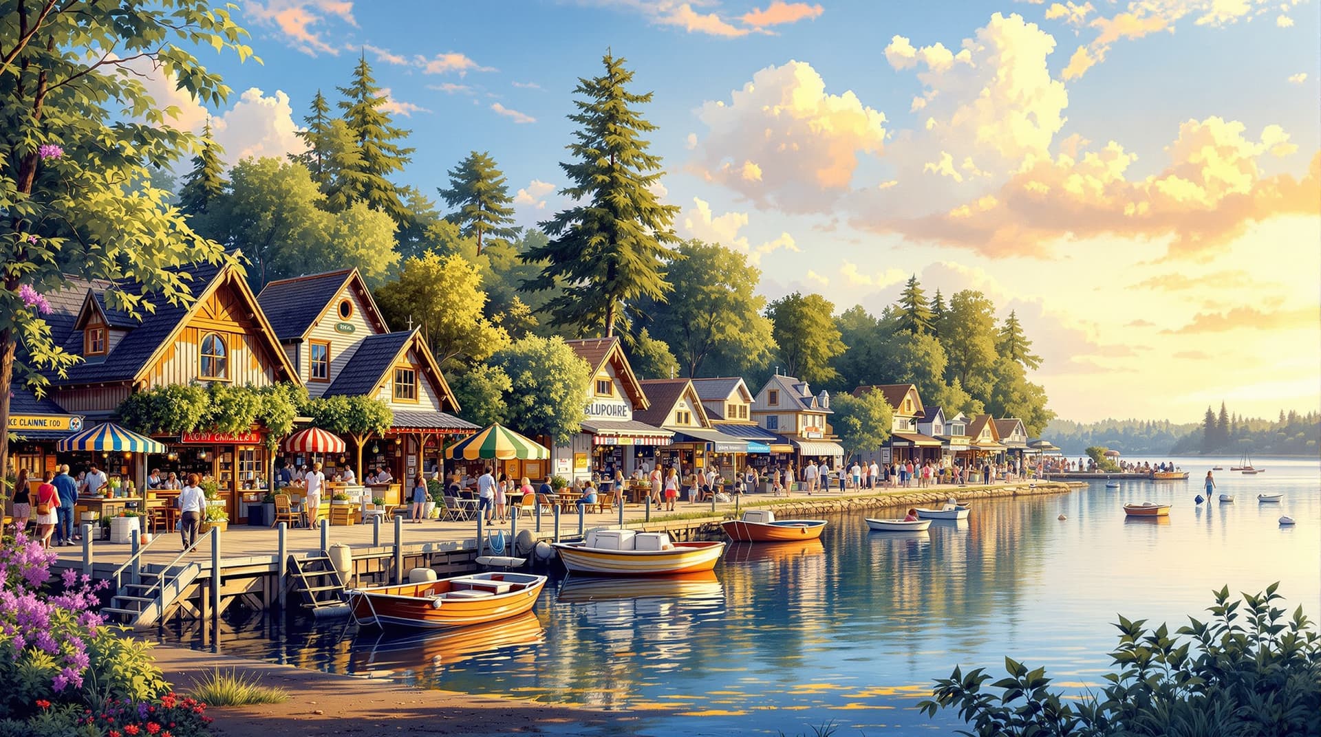 AI generated: "Detailed painting of a charming lakeside village featuring quaint kiosks along the water's edge. Th...