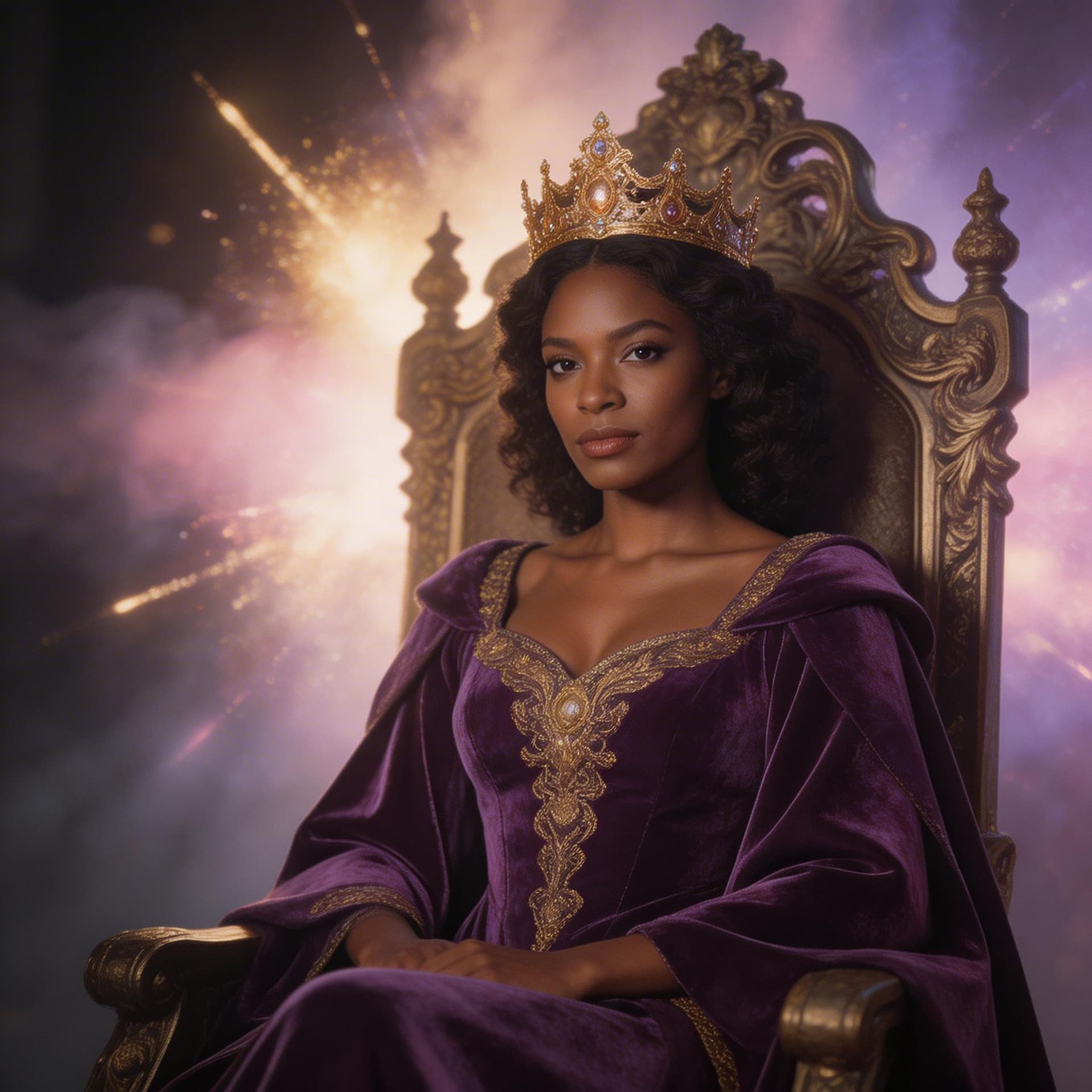 AI generated: A dark-brown-skinned mystical fantasy queen sitting on her throne with soft washes of exploding iigh...