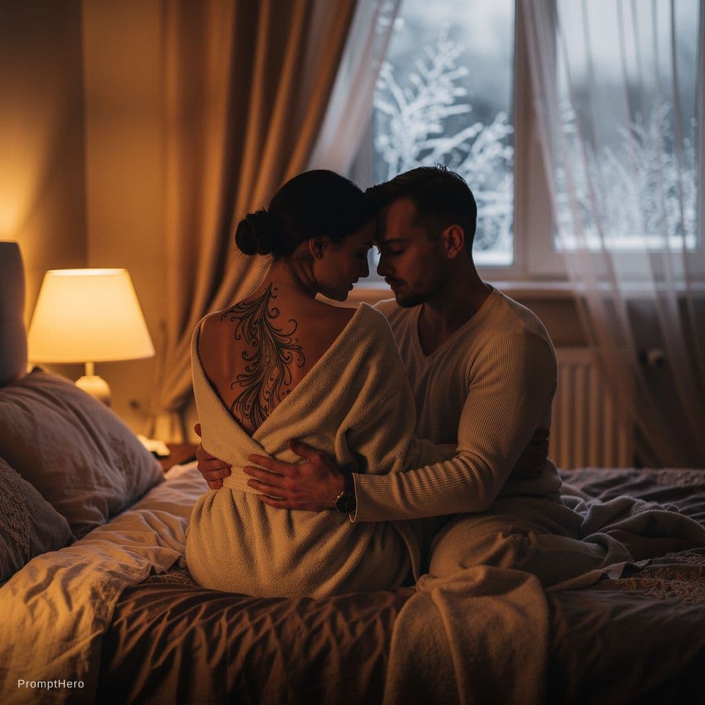 AI generated: Intimate romantic scene of a loving couple in a warmly illuminated bedroom on a chilly evening, soft...