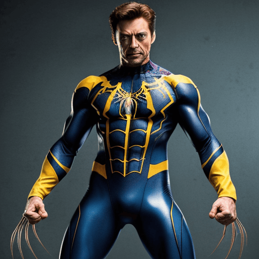 AI generated: HUGH JACKMAN IN A YELLOW AND BLUE WOLVERINE/SPIDER-MAN COSTUME