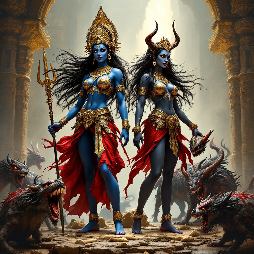 AI generated: Full-body shot side view of Goddess Durga and Goddess Kali, powerful and majestic divine warrior que...