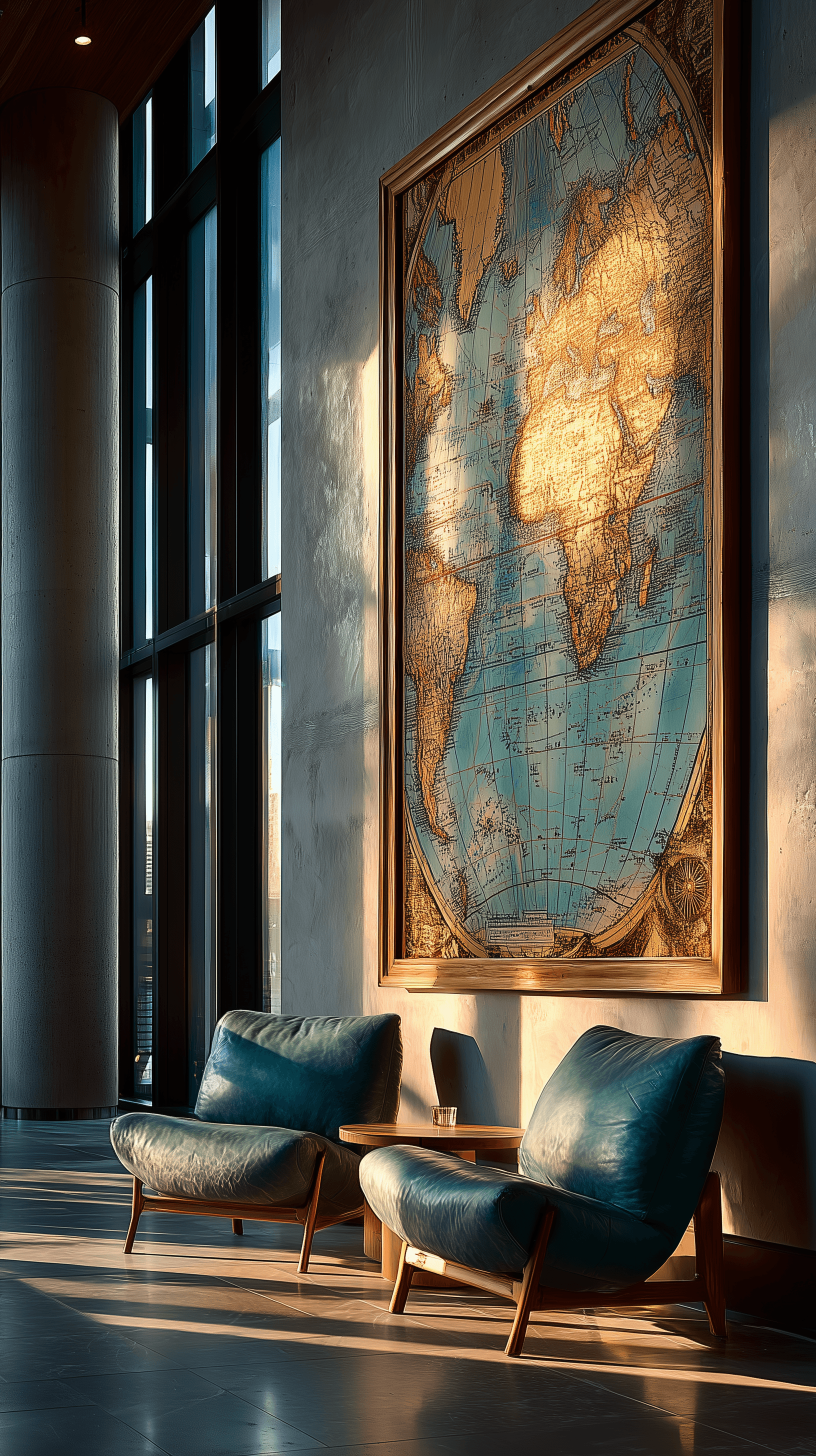 AI generated: high resolution photography, hotel lobby balanced composition, wall for framed map, natural window l...