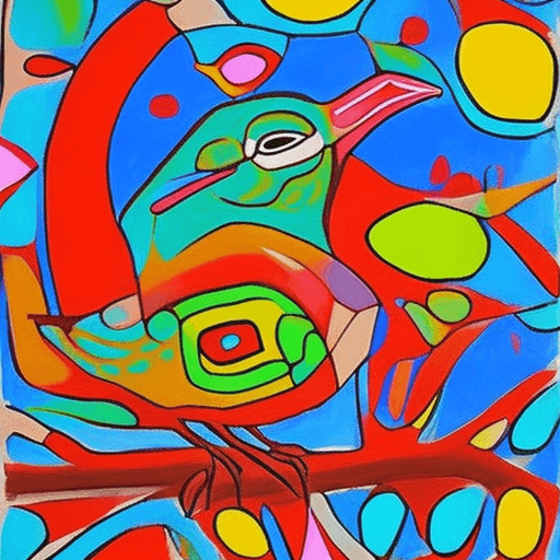 AI generated: Bird, style of Norval Morrisseau, rich colors, artistic, peaceful