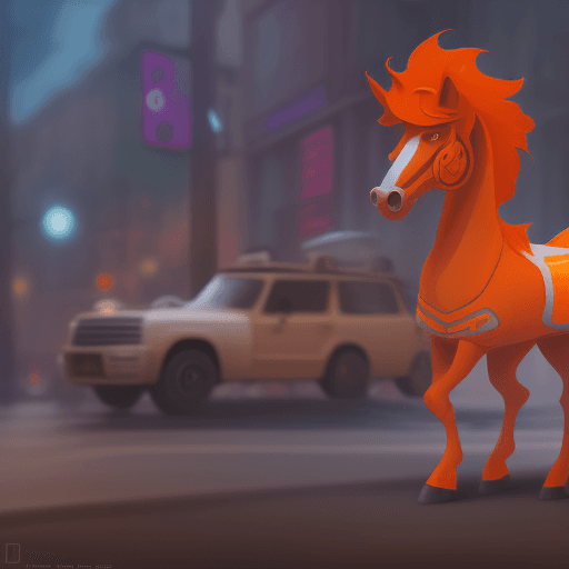 AI generated: a character horse from a futuristic game, standing on the street, in the style of heavy cartoon illu...