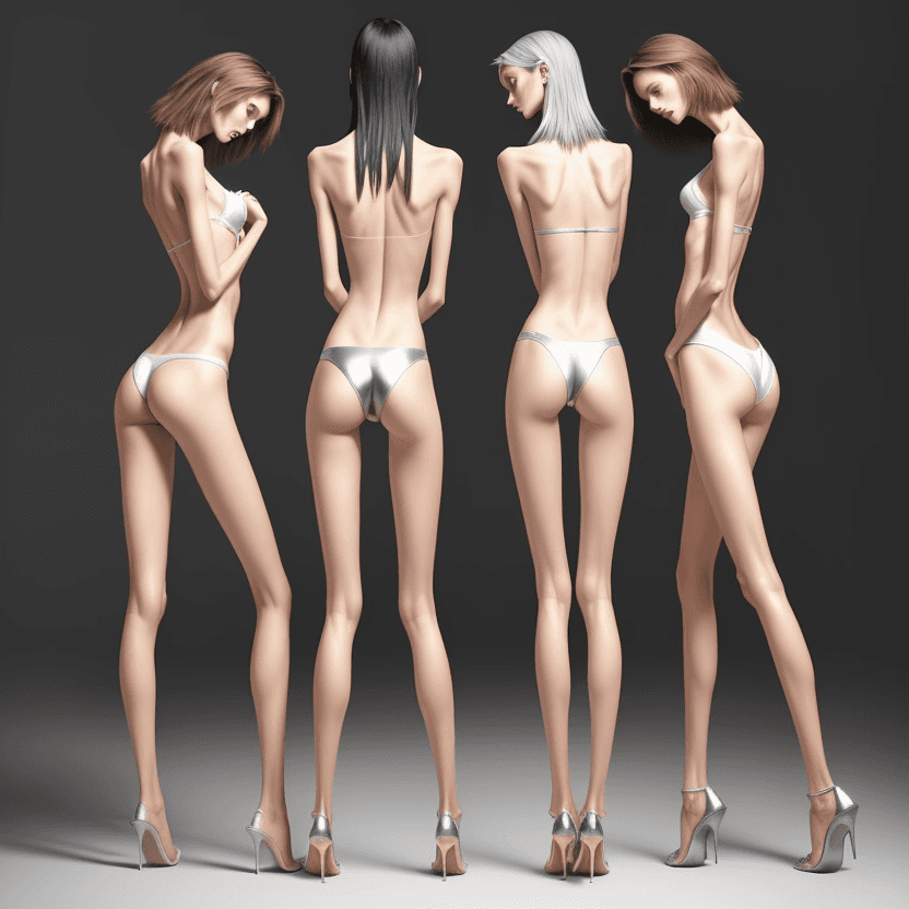 AI generated: photo of three an extremely skinny, flat-chested models with extreme long and skinny legs with extre...