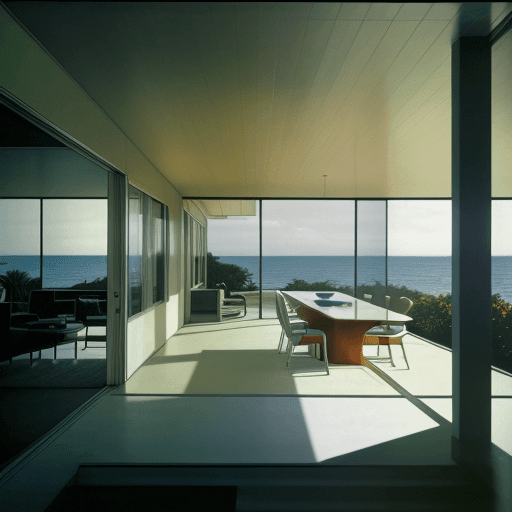 AI generated: Hyper realistic eye level exterior photo of a mid century modern style house overlooking the ocean, ...