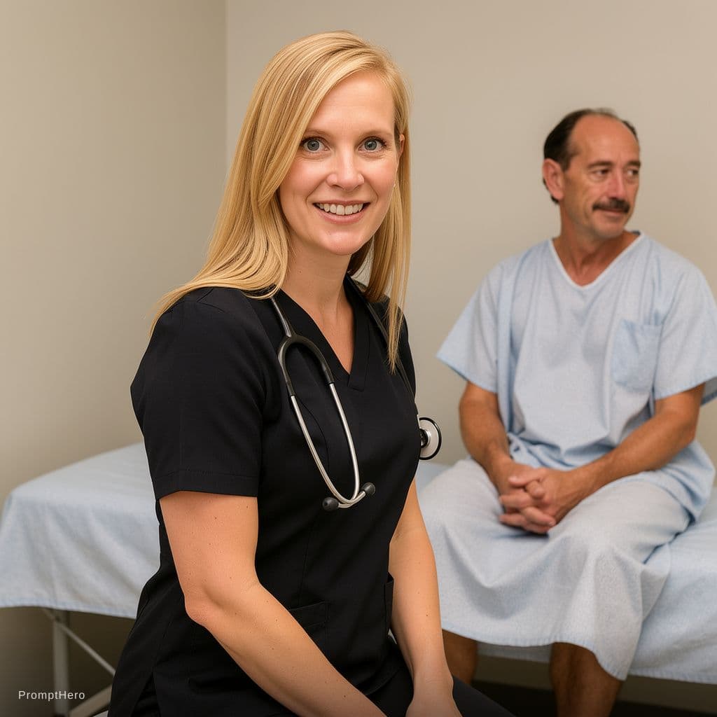 AI generated: a female doctor with long blonde hair, wearing a black bra, with a stethoscope around her neck. stan...