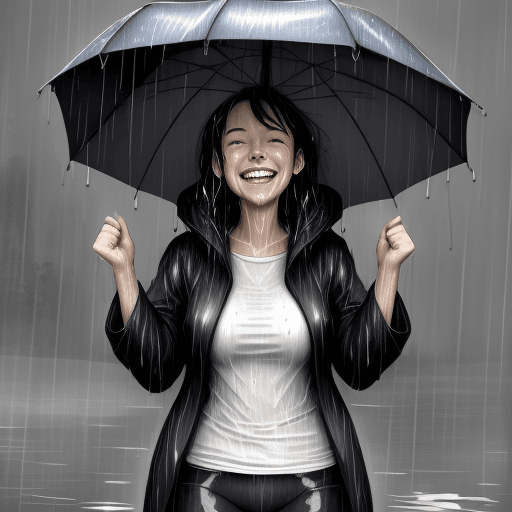 AI generated: laughing and smiling, raining, wet clothes , woman,sketch
