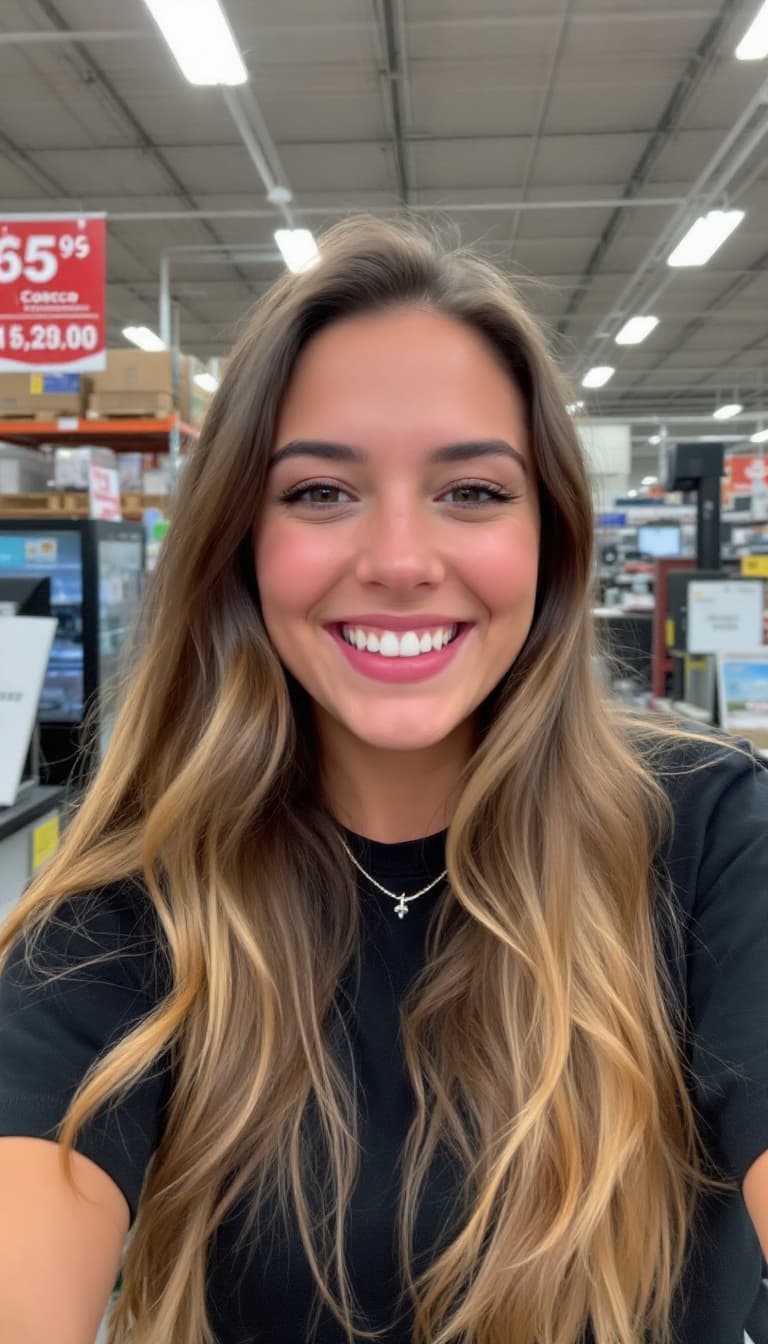 AI generated: A woman with long hair, wearing black t-shirt, in appears at camera, taking an instagram video while...