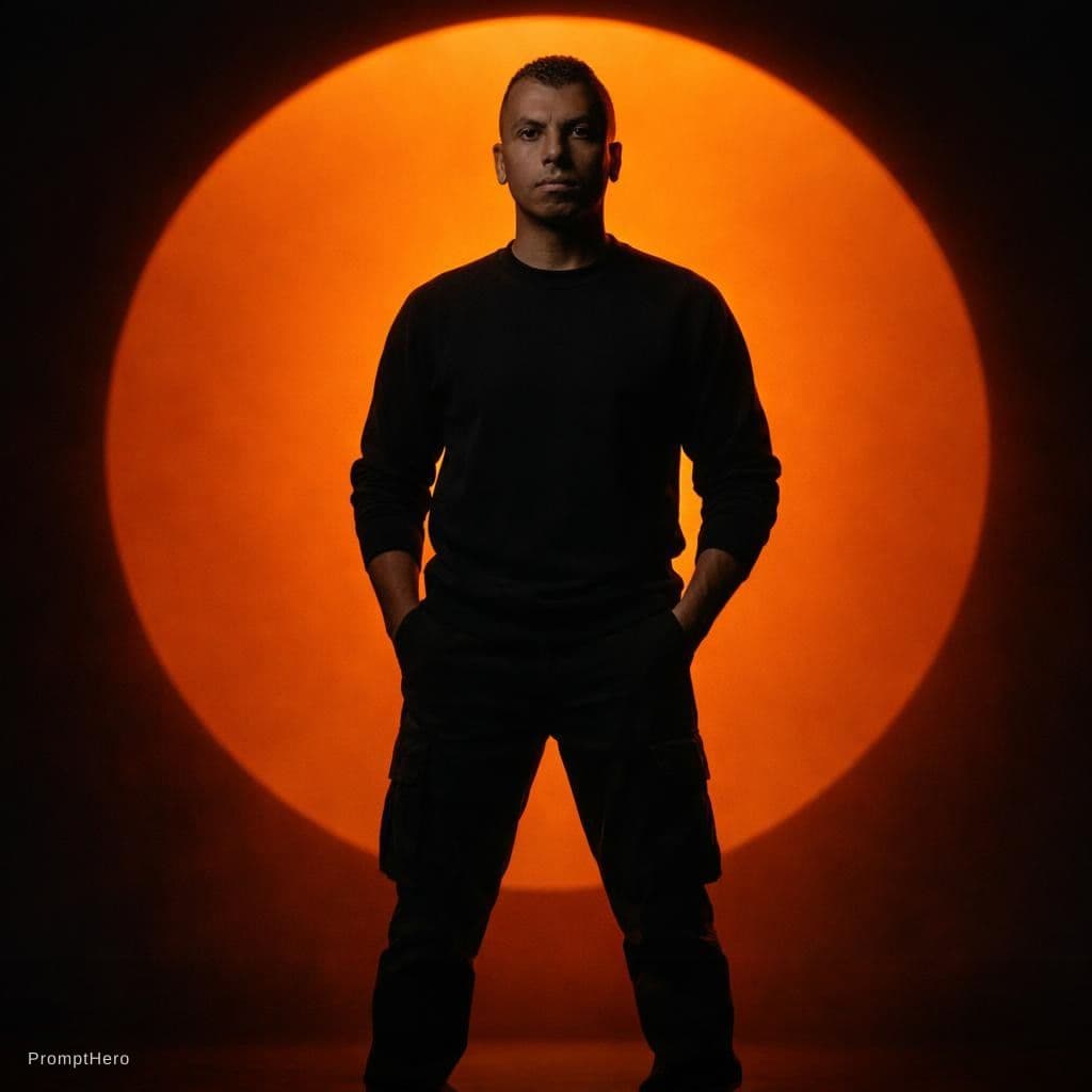 AI generated: editorial photography, male model, 50mm f/1.2 RF lens, f/2.8 set, 1/160s, iso 100, gradient neon ora...