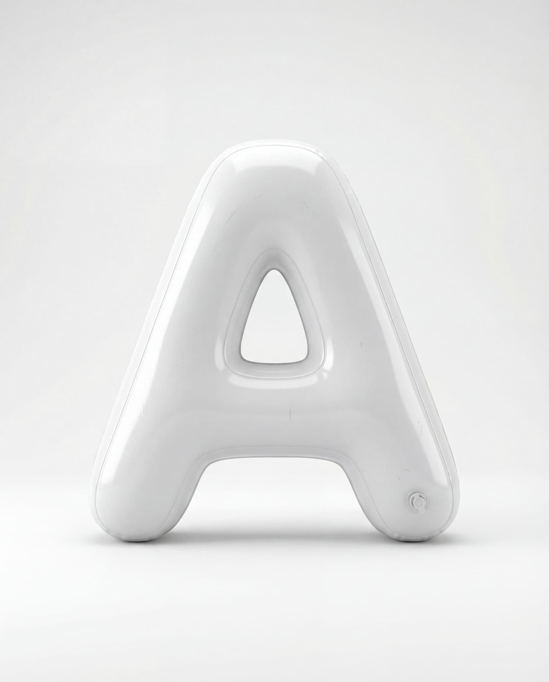 AI generated: PHOTOREALISTIC PRODUCT PHOTO, ultra-minimal white-on-white. A single inflated capital letter “A” mad...