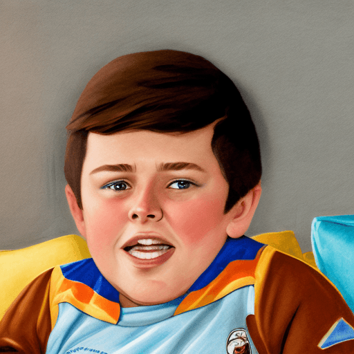 AI generated: Brown-haired boy, 10 years old, getting chubby, soccer uniform, sitting on the couch, eating snacks,...