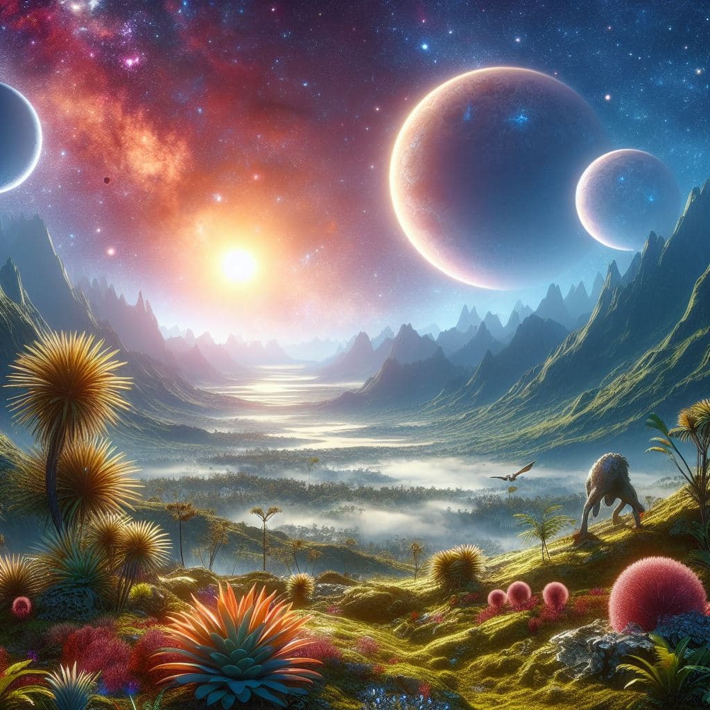 AI generated:  a stunning 4K photo of an alien landscape, with ultra-realistic details of exotic flora and fauna a...