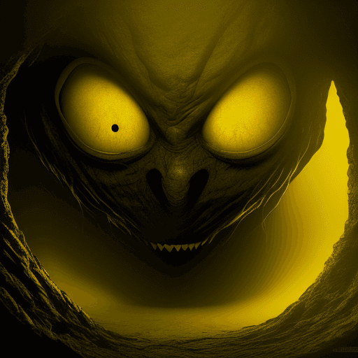 AI generated: Scary creature emerging out of the darkness, flat snout, yellow eyes, horror, dark and haunting, hyp...