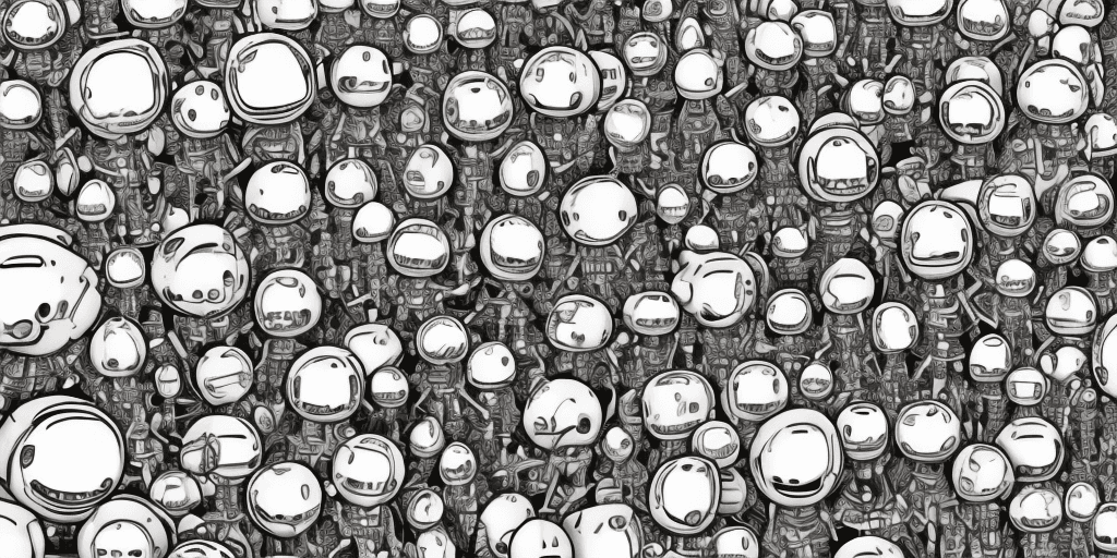 AI generated: many tiny stickmen robots, 2d, black and white, on white background  --v 4