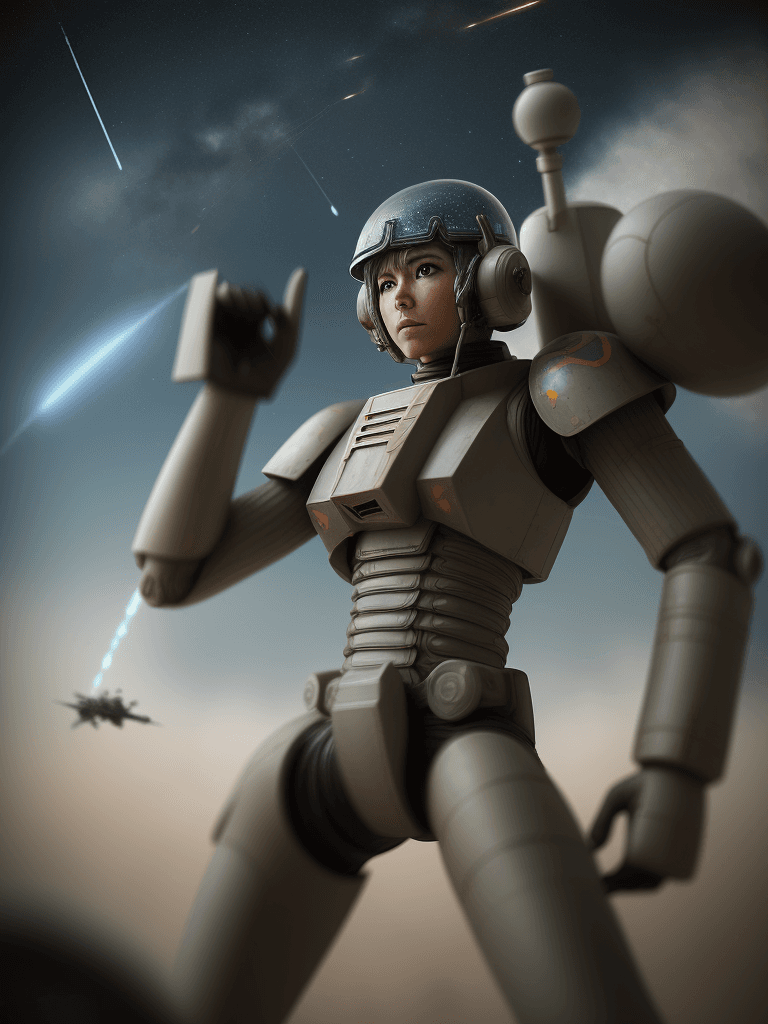 AI generated: Soft focus photography, giant pilot warrior, galactic battle, futurecore, --ar 9:16