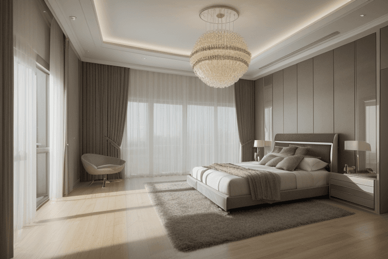 AI generated: interior design, modern ultra luxury master bedroom, bedroom with wardrobe, modern, window, wide ang...